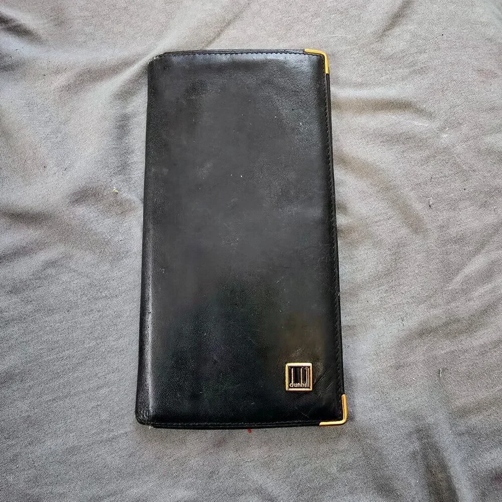Vintage Dunhill Black Leather Bifold Wallet with Gold Accents